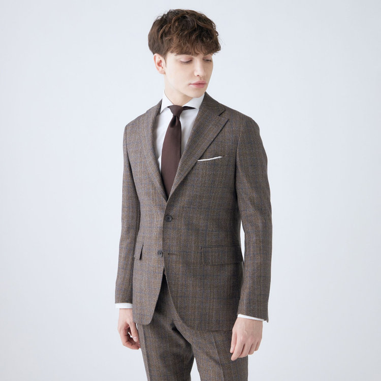 シルバーライン 【CLASSICO TAPERED】【秋冬】3釦段返りシングルスーツ 2タック/ブラウン×チェック/ウエストムーブ/MARZOTTO/※裾上げ必要 茶中間