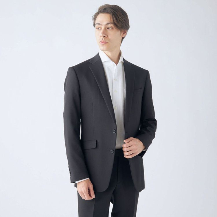 【KSW】【年間】2釦シングルスーツ 0タック/ブラック×シャドーストライプ/ウォッシャブルパンツ※裾上げ必要