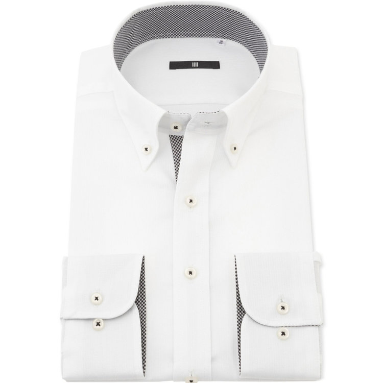 SUIT SELECT　アウトレット 【WEB限定/OUTLET/汚れ・キズ等有】【BL-3】【形態安定】ボタンダウンドレスワイシャツ/ホワイト×ドビーストライプ/襟袖裏別布：ブラックチェック/釦付糸：ブラック 白
