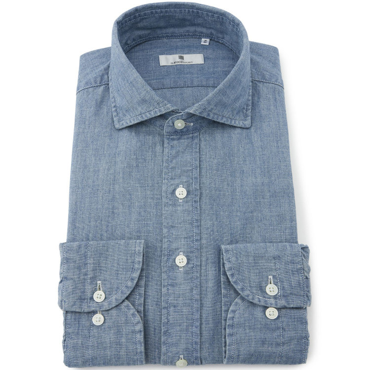 シルバーライン 【発送在庫あり】【CLASSICO TAPERED】ワイドカラーワイシャツ/ブルー/インディゴ染 青中間