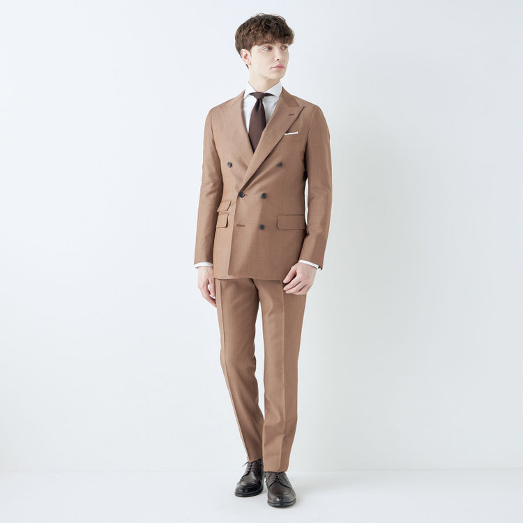 シルバーライン 【発送在庫あり】【CLASSICO TAPERED】【春夏】6釦2掛けダブルスーツ 2タック/ライトブラウン/チェンジポケット/MARZOTTO/※パンツ裾直し必要 茶淡色