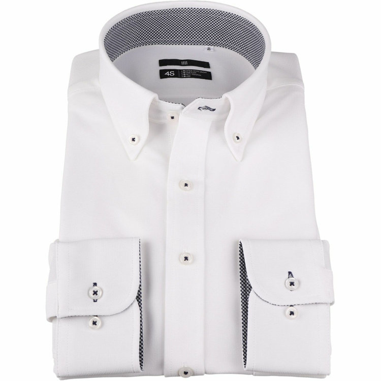 SUIT SELECT　アウトレット 【WEB限定/OUTLET/汚れ・変色・キズ等有】【BL-3】【スーパーノンアイロン】ボタンダウンドレスワイシャツ/ホワイト×ドビーストライプ/襟袖裏別布：チェック/釦付糸：ネイビー/SUPER NON IRON 4S 白