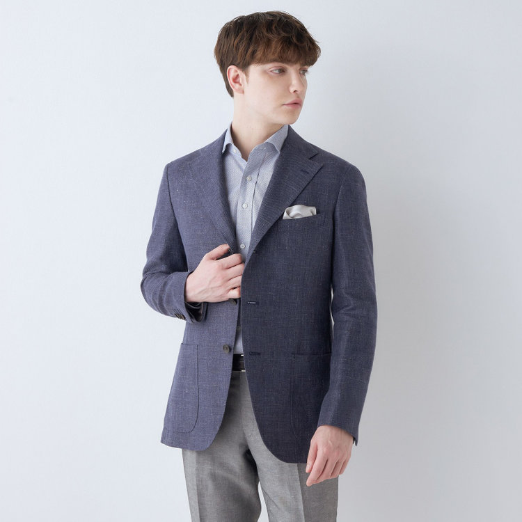 シルバーライン 【CLASSICO TAPERED】【春夏】リネンウール3釦段返りシングルジャケット/ネイビー/パッチポケット/MARZOTTO 青中間