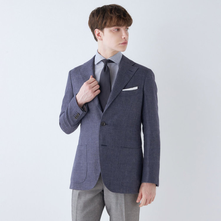 シルバーライン 【CLASSICO TAPERED】【春夏】リネンウール3釦段返りシングルジャケット/ネイビー/パッチポケット/MARZOTTO 青中間