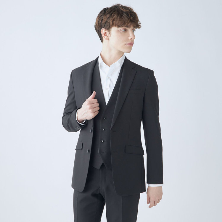 ブラックライン 【SLIM TAPERED_2】【年間】2釦シングルスリーピーススーツ 0タック/ブラック×シャドーストライプ/ウエストシャーリング/4S SUSTAINABILITY&ECOLOGY FABRIC/リバーシブルベスト仕様（グレー）/※パンツ裾上げ済仕様 黒