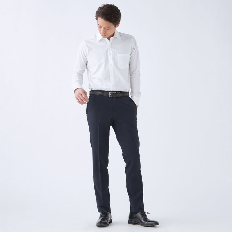 ブラックライン 【SLIM TAPERED】【年間】ポリエステル0タックテーパードパンツ/ネイビー/ウエストムーブ/ウォッシャブル/4S SUSTAINABILITY&ECOLOGY FABRIC/※裾上げ必要 紺中間