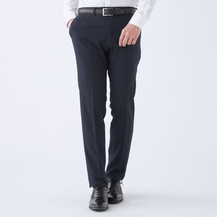 ブラックライン 【SLIM TAPERED】【年間】ポリエステル0タックテーパードパンツ/ネイビー/ウエストムーブ/ウォッシャブル/4S SUSTAINABILITY&ECOLOGY FABRIC/※裾上げ必要 紺中間