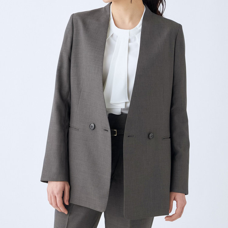 シルバーライン 【RELAX TAPERED】【年間】ノーカラー 2釦1掛け/ダブルパンツスーツ/グレー/ウエスト内側アジャスター/ウォッシャブル/Naturemier/※パンツ裾上げ済仕様 グレー濃色