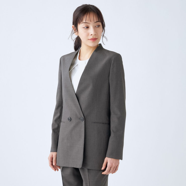 シルバーライン 【RELAX TAPERED】【年間】ノーカラー 2釦1掛け/ダブルパンツスーツ/グレー/ウエスト内側アジャスター/ウォッシャブル/Naturemier/※パンツ裾上げ済仕様 グレー濃色