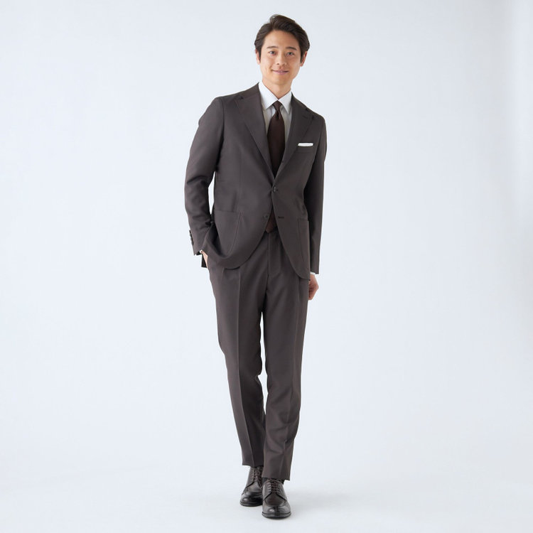 シルバーライン 【発送在庫あり】【CLASSICO TAPERED】【春夏】3釦段返りシングルスーツ 2タック/ブラウン×シャドーストライプ/パッチポケット/ウエストムーブ仕様/MARZOTTO/※パンツ裾直し必要 茶濃色