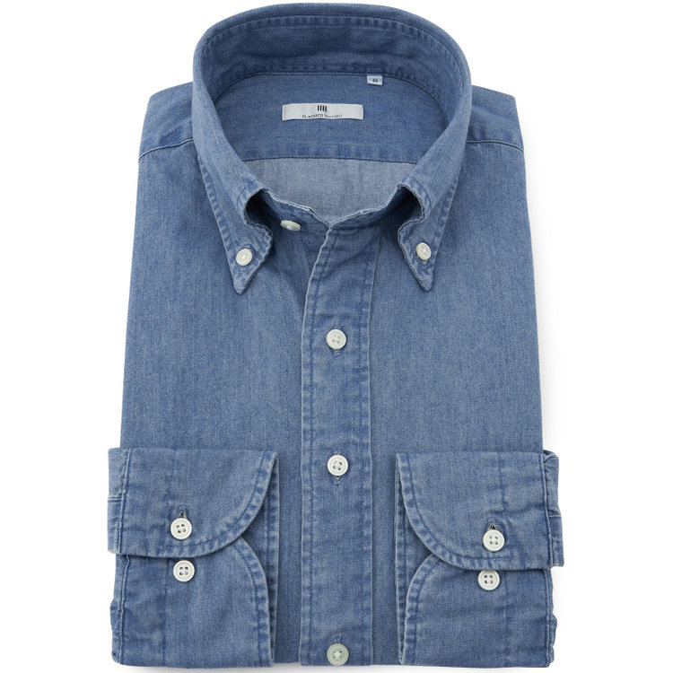 シルバーライン 【発送在庫あり】【CLASSICO TAPERED】ボタンダウンワイシャツ/ブルー/インディゴ染 青中間