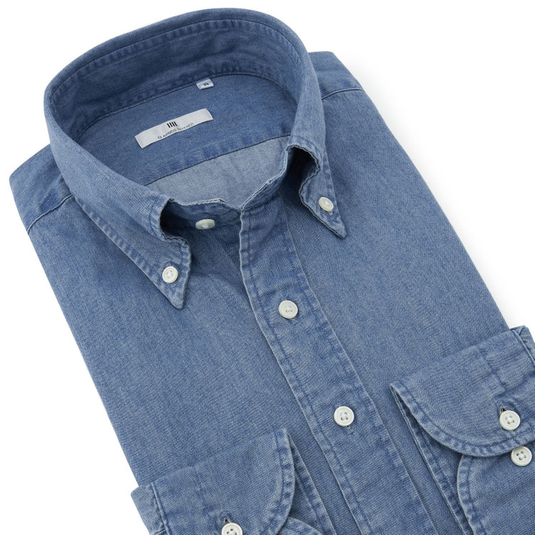 シルバーライン 【発送在庫あり】【CLASSICO TAPERED】ボタンダウンワイシャツ/ブルー/インディゴ染 青中間