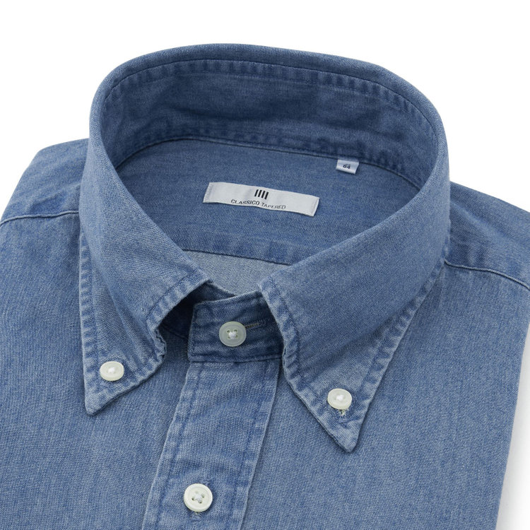 シルバーライン 【発送在庫あり】【CLASSICO TAPERED】ボタンダウンワイシャツ/ブルー/インディゴ染 青中間