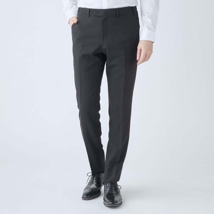 ブラックライン 【SLIM TAPERED_2】【年間】2釦シングルスリーピーススーツ 0タック/ブラック×シャドーストライプ/ウエストシャーリング/4S SUSTAINABILITY&ECOLOGY FABRIC/リバーシブルベスト仕様（グレー）/※パンツ裾上げ済仕様 黒