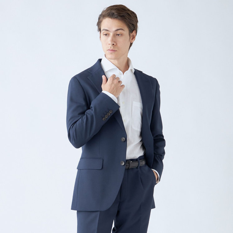 SUIT SELECT　アウトレット 【WEB限定/OUTLET/汚れ・キズ等有】【CLASSICO TAPERED】【秋冬】スペアパンツ付き/2釦シングルスーツ 1タック/ネイビー×ソリッド/ウォッシャブル/※裾上げ必要※スラックス汚れ 紺中間