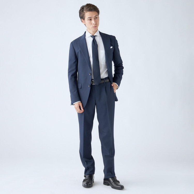 SUIT SELECT　アウトレット 【WEB限定/OUTLET/汚れ・キズ等有】【CLASSICO TAPERED】【秋冬】スペアパンツ付き/2釦シングルスーツ 1タック/ネイビー×ソリッド/ウォッシャブル/※裾上げ必要※スラックス汚れ 紺中間