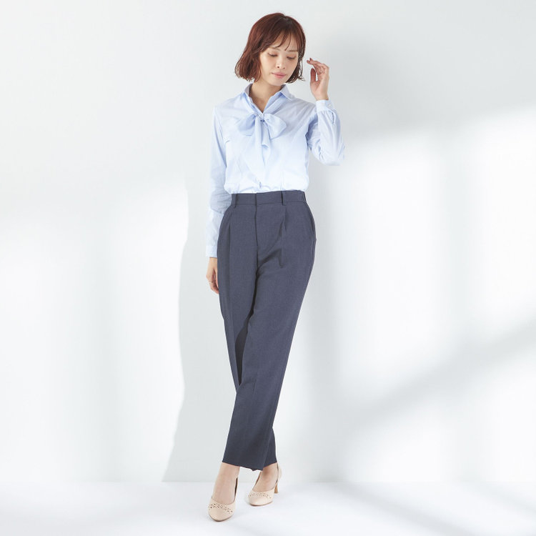 ソノタ 【SUIT SELECT×Samantha Thavasa】【長袖】リボン&フリル取り外しスキッパー/ブルー×ドビーストライプ/形態安定 青淡色