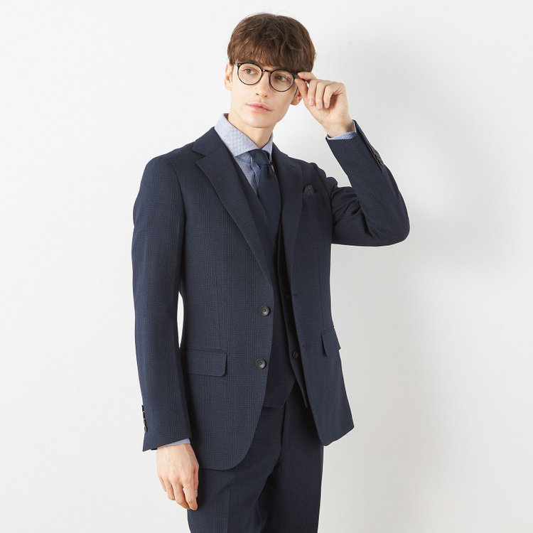 シルバーライン 【CLASSICO TAPERED】【秋冬】2釦シングルスリーピーススーツ 1タックテーパードパンツ/ネイビー×チェック/ウエストムーブ/4S SUSTAINABILITY&ECOLOGY FABRIC/※パンツ裾上げ済仕様 紺濃色