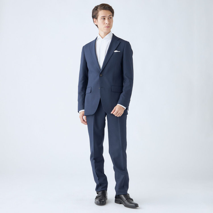 SUIT SELECT　アウトレット 【WEB限定/OUTLET/汚れ・キズ等有】【CLASSICO TAPERED】【秋冬】スペアパンツ付き/2釦シングルスーツ 1タック/ネイビー×ソリッド/ウォッシャブル/※裾上げ必要※スラックス汚れ 紺中間