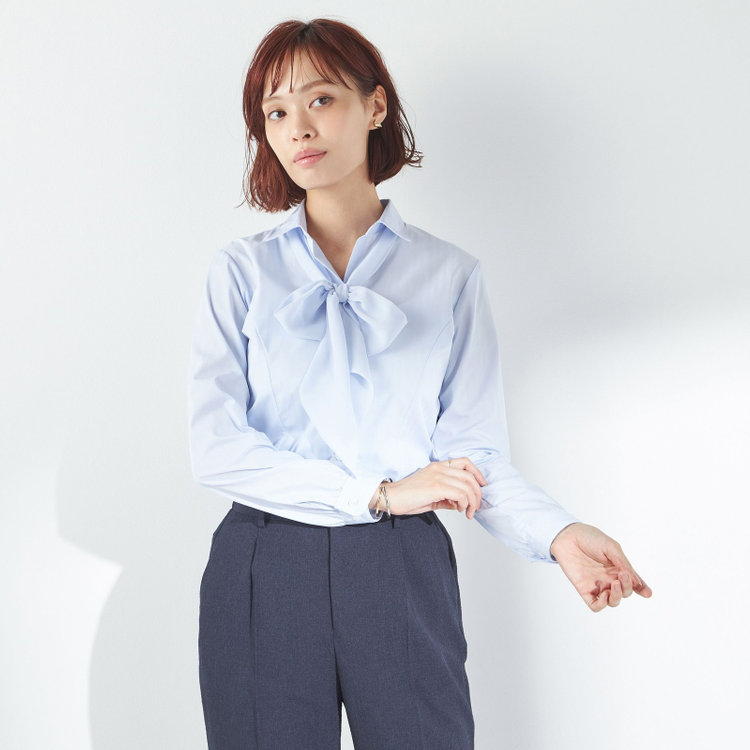 ソノタ 【SUIT SELECT×Samantha Thavasa】【長袖】リボン&フリル取り外しスキッパー/ブルー×ドビーストライプ/形態安定 青淡色