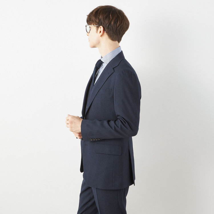 シルバーライン 【CLASSICO TAPERED】【秋冬】2釦シングルスリーピーススーツ 1タックテーパードパンツ/ネイビー×チェック/ウエストムーブ/4S SUSTAINABILITY&ECOLOGY FABRIC/※パンツ裾上げ済仕様 紺濃色