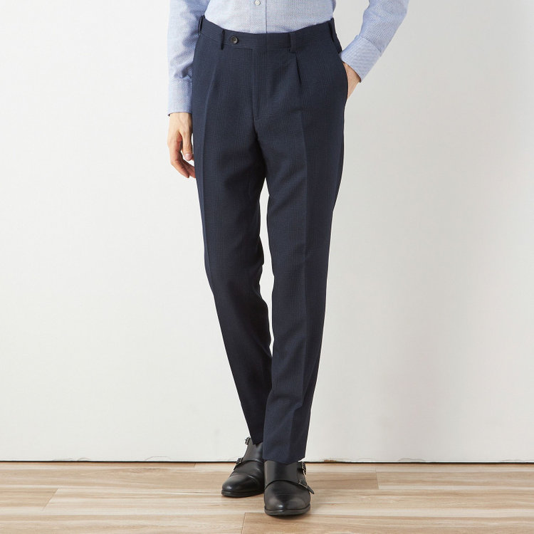 シルバーライン 【CLASSICO TAPERED】【秋冬】2釦シングルスリーピーススーツ 1タックテーパードパンツ/ネイビー×チェック/ウエストムーブ/4S SUSTAINABILITY&ECOLOGY FABRIC/※パンツ裾上げ済仕様 紺濃色