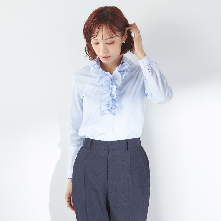 ソノタ 【SUIT SELECT×Samantha Thavasa】【長袖】リボン&フリル取り外しスキッパー/ブルー×ドビーストライプ/形態安定 青淡色