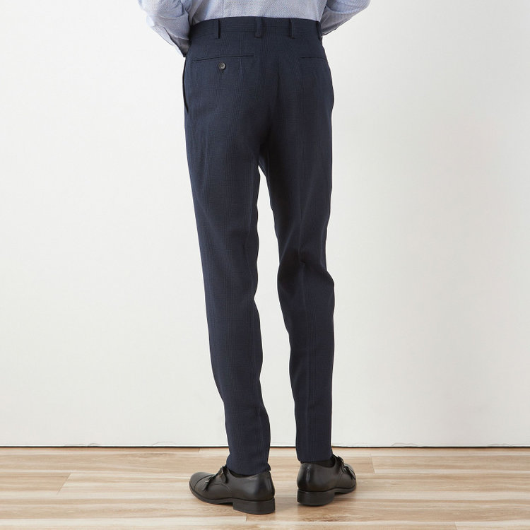 シルバーライン 【CLASSICO TAPERED】【秋冬】2釦シングルスリーピーススーツ 1タックテーパードパンツ/ネイビー×チェック/ウエストムーブ/4S SUSTAINABILITY&ECOLOGY FABRIC/※パンツ裾上げ済仕様 紺濃色