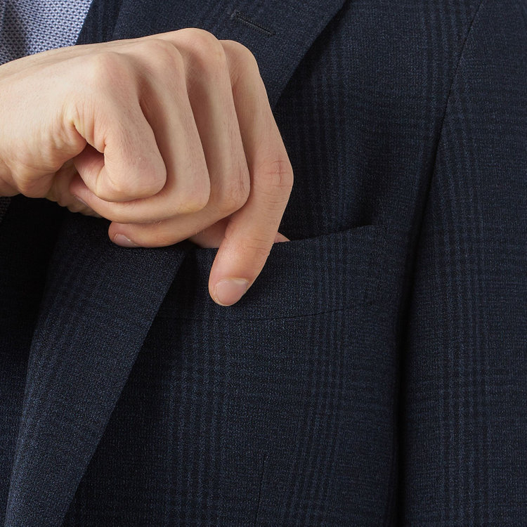シルバーライン 【CLASSICO TAPERED】【秋冬】2釦シングルスリーピーススーツ 1タックテーパードパンツ/ネイビー×チェック/ウエストムーブ/4S SUSTAINABILITY&ECOLOGY FABRIC/※パンツ裾上げ済仕様 紺濃色