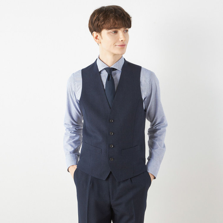 シルバーライン 【CLASSICO TAPERED】【秋冬】2釦シングルスリーピーススーツ 1タックテーパードパンツ/ネイビー×チェック/ウエストムーブ/4S SUSTAINABILITY&ECOLOGY FABRIC/※パンツ裾上げ済仕様 紺濃色