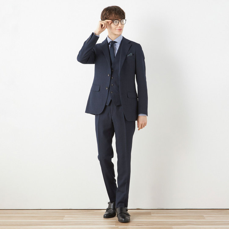 シルバーライン 【CLASSICO TAPERED】【秋冬】2釦シングルスリーピーススーツ 1タックテーパードパンツ/ネイビー×チェック/ウエストムーブ/4S SUSTAINABILITY&ECOLOGY FABRIC/※パンツ裾上げ済仕様 紺濃色