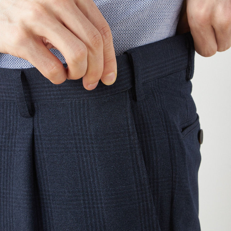 シルバーライン 【CLASSICO TAPERED】【秋冬】2釦シングルスリーピーススーツ 1タックテーパードパンツ/ネイビー×チェック/ウエストムーブ/4S SUSTAINABILITY&ECOLOGY FABRIC/※パンツ裾上げ済仕様 紺濃色