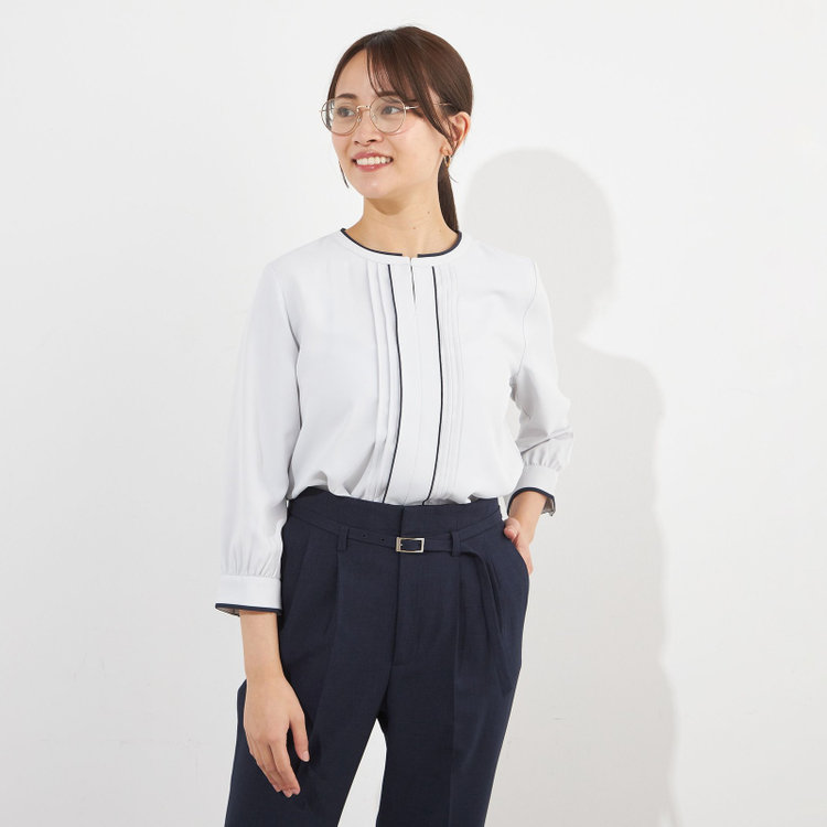 シルバーライン 【SILVER LINE/7分袖】配色フロントプリーツプルオーバー/ライトグレー×ブラック/「ウォッシャブル」「ストレッチ」「防シワ」「UV加工」「静電気防止」 グレー淡色