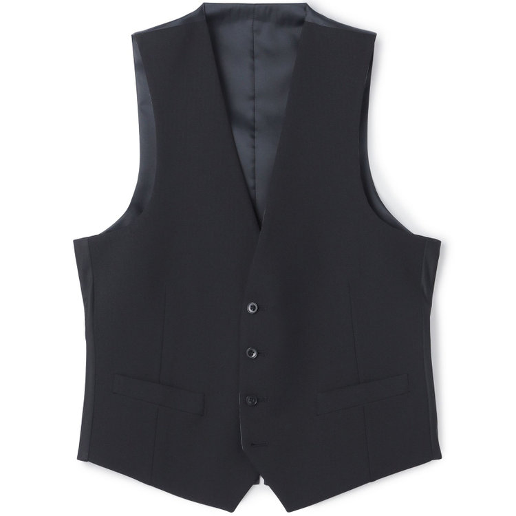 ブラックライン 【SLIM TAPERED_2】【年間】2釦シングルスリーピーススーツ 0タック/ブラック×シャドーストライプ/ウエストシャーリング/4S SUSTAINABILITY&ECOLOGY FABRIC/リバーシブルベスト仕様（グレー）/※パンツ裾上げ済仕様 黒