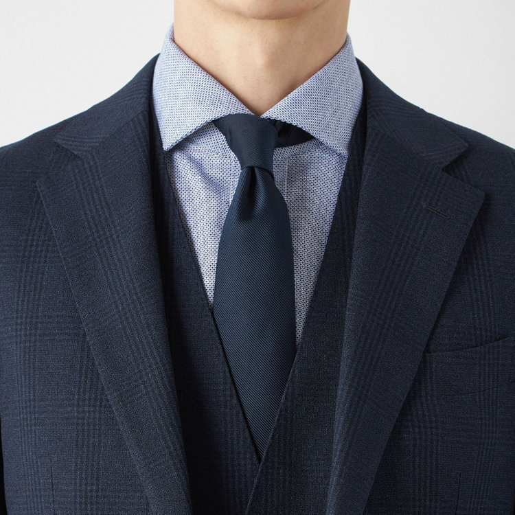 シルバーライン 【CLASSICO TAPERED】【秋冬】2釦シングルスリーピーススーツ 1タックテーパードパンツ/ネイビー×チェック/ウエストムーブ/4S SUSTAINABILITY&ECOLOGY FABRIC/※パンツ裾上げ済仕様 紺濃色