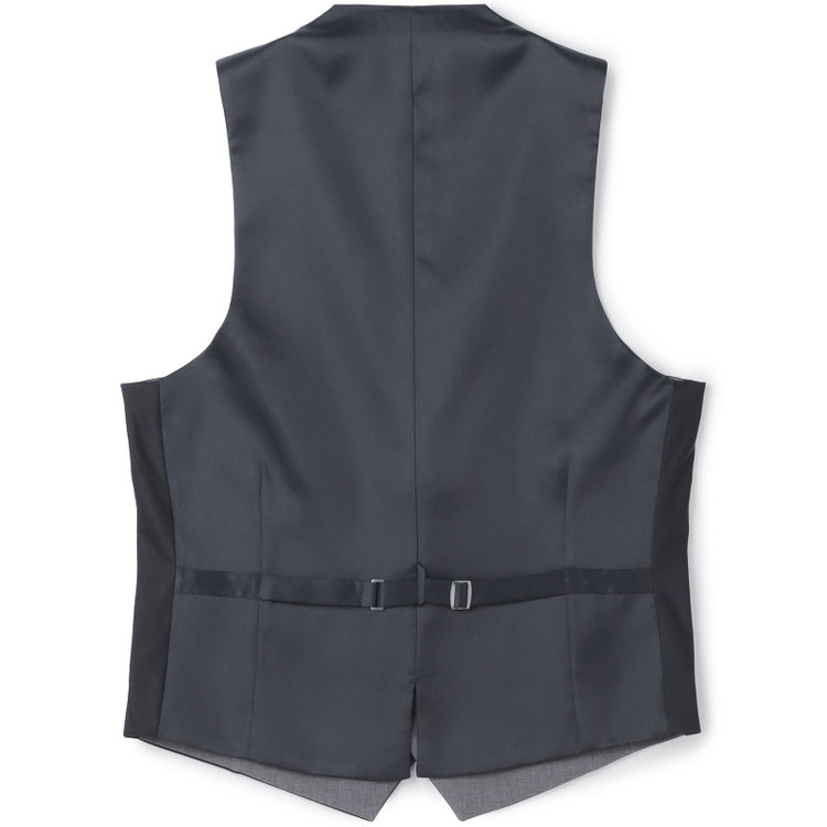 ブラックライン 【SLIM TAPERED_2】【年間】2釦シングルスリーピーススーツ 0タック/ブラック×シャドーストライプ/ウエストシャーリング/4S SUSTAINABILITY&ECOLOGY FABRIC/リバーシブルベスト仕様（グレー）/※パンツ裾上げ済仕様 黒