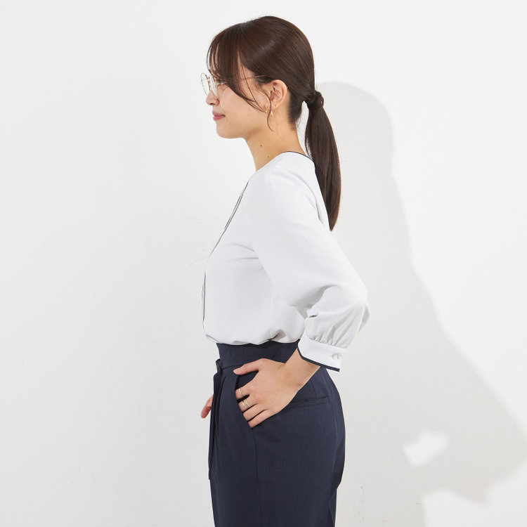 シルバーライン 【SILVER LINE/7分袖】配色フロントプリーツプルオーバー/ライトグレー×ブラック/「ウォッシャブル」「ストレッチ」「防シワ」「UV加工」「静電気防止」 グレー淡色