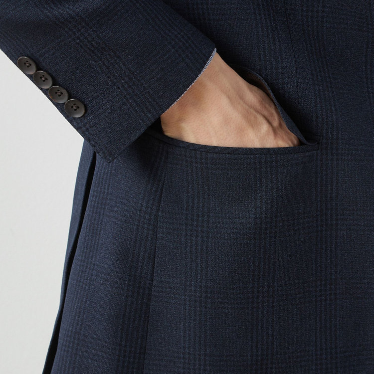 シルバーライン 【CLASSICO TAPERED】【秋冬】2釦シングルスリーピーススーツ 1タックテーパードパンツ/ネイビー×チェック/ウエストムーブ/4S SUSTAINABILITY&ECOLOGY FABRIC/※パンツ裾上げ済仕様 紺濃色