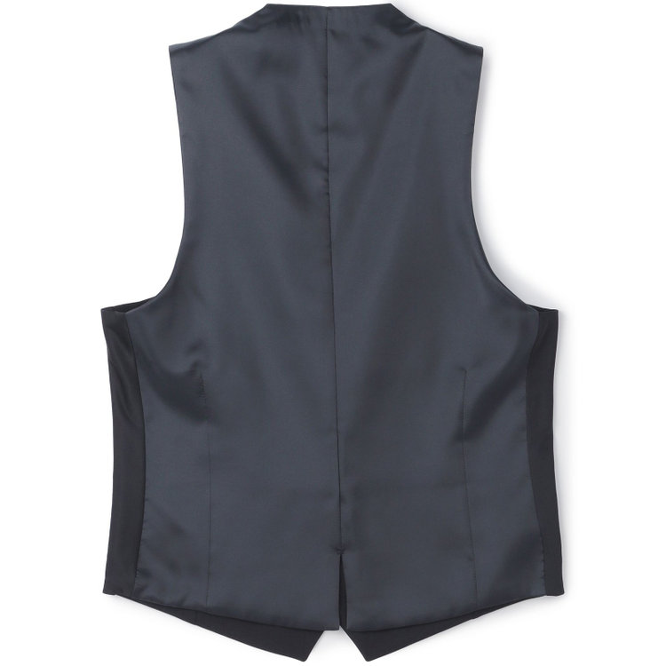 ブラックライン 【SLIM TAPERED_2】【年間】2釦シングルスリーピーススーツ 0タック/ブラック×シャドーストライプ/ウエストシャーリング/4S SUSTAINABILITY&ECOLOGY FABRIC/リバーシブルベスト仕様（グレー）/※パンツ裾上げ済仕様 黒