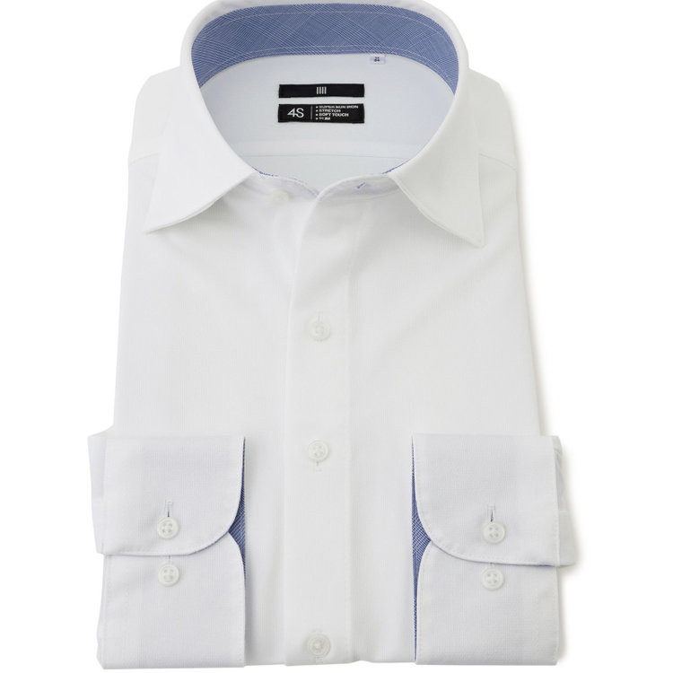 ブラックライン 【発送在庫あり】【WEB限定】【BLACK LINE】ワイドカラーワイシャツ/ホワイト×ドビー/襟袖裏別布：ブルー×プレイド/「4S」スーパーノンアイロン・ストレッチ 白