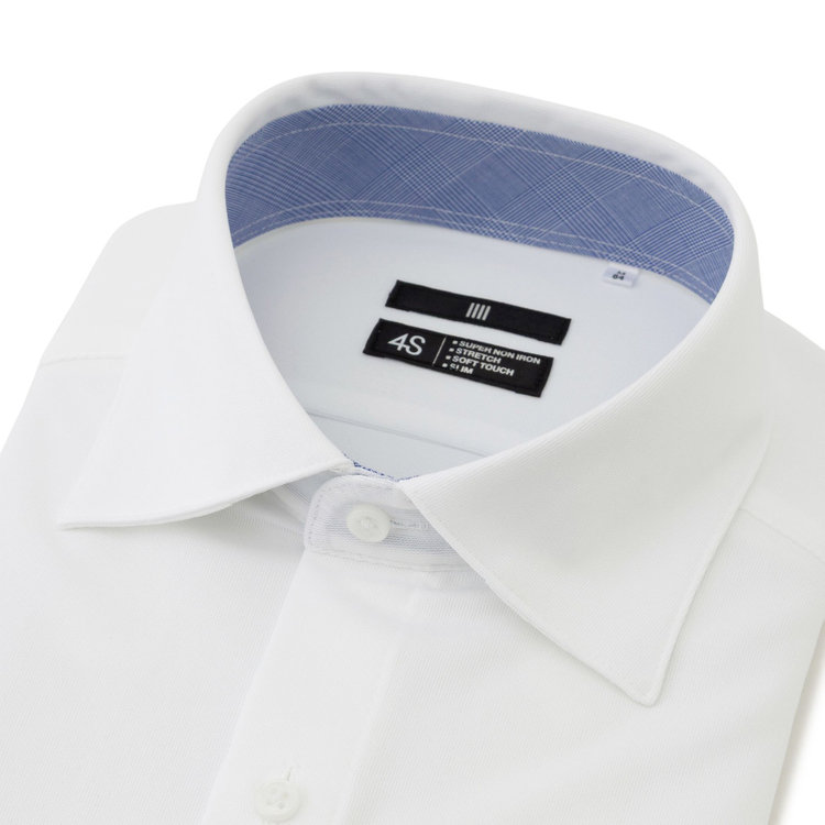 ブラックライン 【発送在庫あり】【WEB限定】【BLACK LINE】ワイドカラーワイシャツ/ホワイト×ドビー/襟袖裏別布：ブルー×プレイド/「4S」スーパーノンアイロン・ストレッチ 白