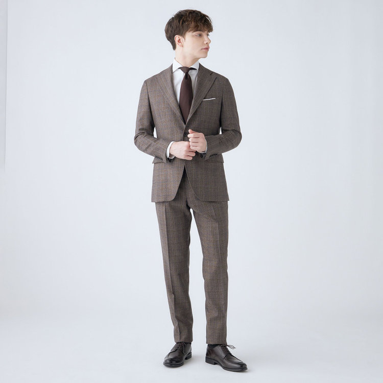 シルバーライン 【CLASSICO TAPERED】【秋冬】3釦段返りシングルスーツ 2タック/ブラウン×チェック/ウエストムーブ/MARZOTTO/※裾上げ必要 茶中間