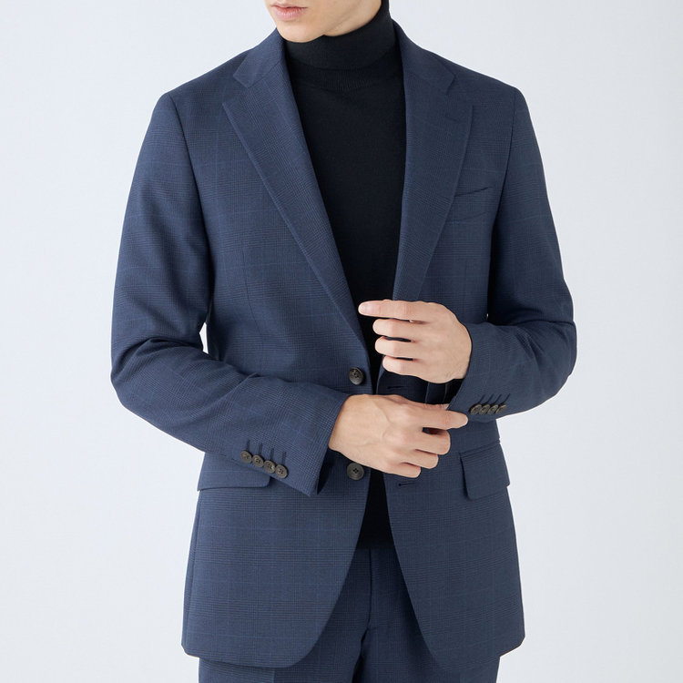 シルバーライン 【発送在庫あり】【CLASSICO TAPERED】【秋冬】スペアパンツ付き/2釦シングルスーツ 1タック/ネイビー×グレンチェックオーバーペン/ウォッシャブル/※裾上げ必要 青中間