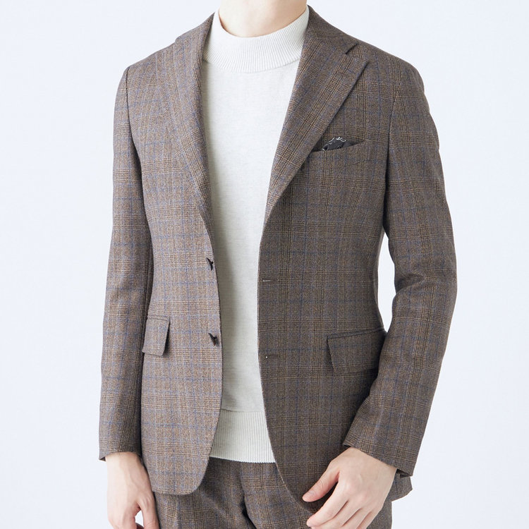 シルバーライン 【CLASSICO TAPERED】【秋冬】3釦段返りシングルスーツ 2タック/ブラウン×チェック/ウエストムーブ/MARZOTTO/※裾上げ必要 茶中間