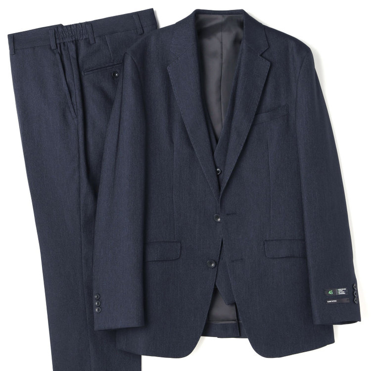 ブラックライン 【SLIM TAPERED】【年間】 2釦シングルスリーピーススーツ 0タック/ ダークネイビー×デジタルデニム  /ウエストシャーリング/ 4S TAKE OUT SUITS / ※パンツ裾上げ済仕様 紺濃色