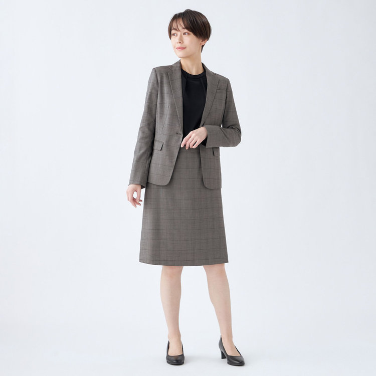 シルバーライン 【SL】【年間】1釦シングル 2Way スカート&パンツスーツ/グレー×チェック/ウエストシャーリング仕様/ウォッシャブル/※パンツ裾上げ済仕様 グレー中間