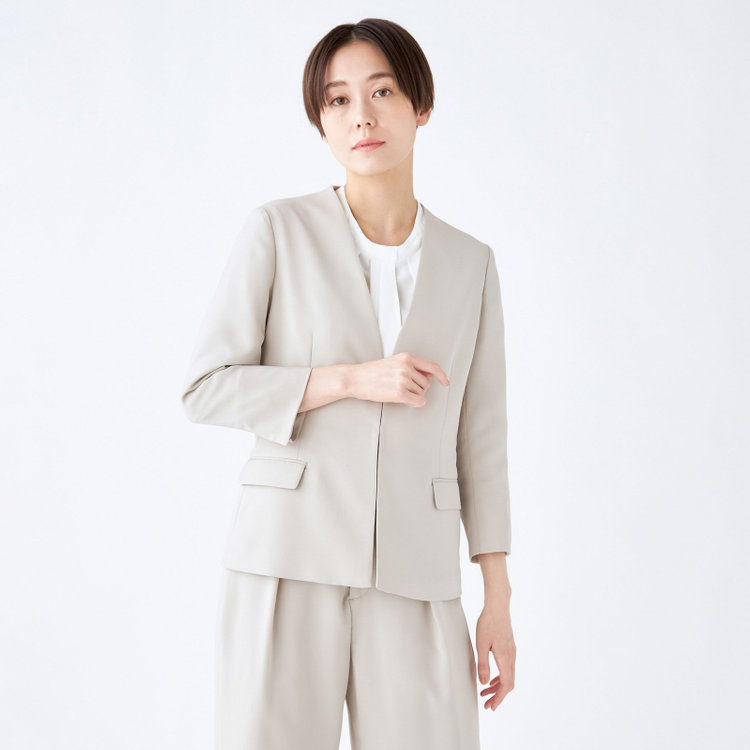 SUIT SELECT　アウトレット 【WEB限定/OUTLET/汚れ・キズ等有】【SL】【春夏】ノーカラー七分袖ジャケット/ライトグレー/ウォッシャブル グレー淡色
