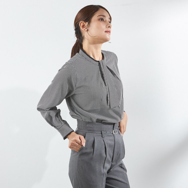 シルバーライン 【SL/長袖】ボウタイ取り外し2WAYプルオーバー/ブラック＆ホワイト×ハウンドトゥース/「ウォッシャブル」「ストレッチ」「防シワ」「UV加工」「静電気防止」 その他