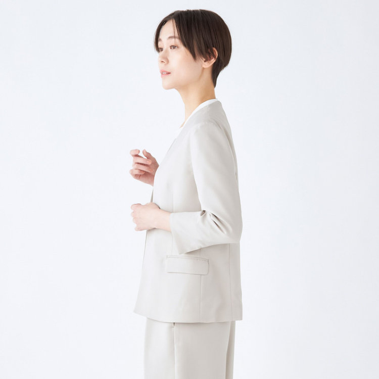 SUIT SELECT　アウトレット 【WEB限定/OUTLET/汚れ・キズ等有】【SL】【春夏】ノーカラー七分袖ジャケット/ライトグレー/ウォッシャブル グレー淡色