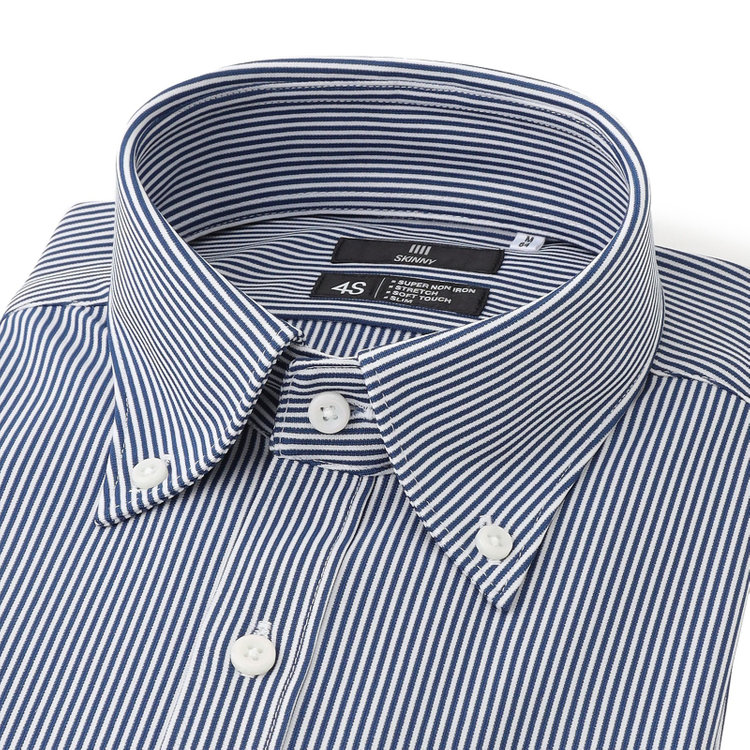 ブラックライン 【発送在庫あり】【SKINNY】ボタンダウンワイシャツ/ネイビー＆ホワイト×ストライプ/「4S」スーパーノンアイロン・ストレッチ 紺中間